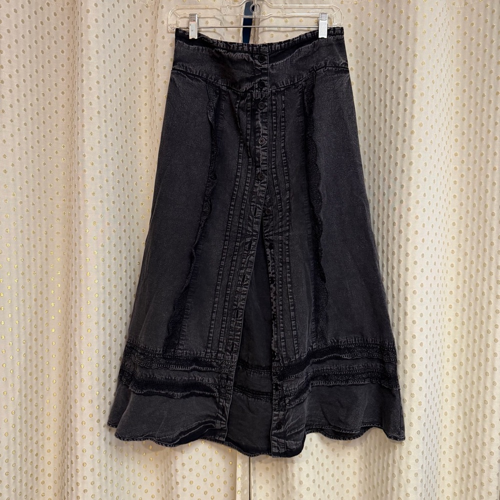 Free People Washed Black Whitney Lace Trim Prairie Western Midi Skirt